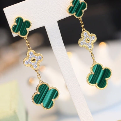 ¡®Moco¡¯CLOVER EARRINGS GOLD MALACHITE DIAMOND 3 MOTIF