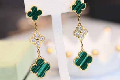 ¡®Moco¡¯CLOVER EARRINGS GOLD MALACHITE DIAMOND 3 MOTIF