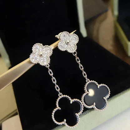 ¡®Moco¡¯CLOVER 2 MOTIFS  DIAMOND ONYX EARRINGS SILVER