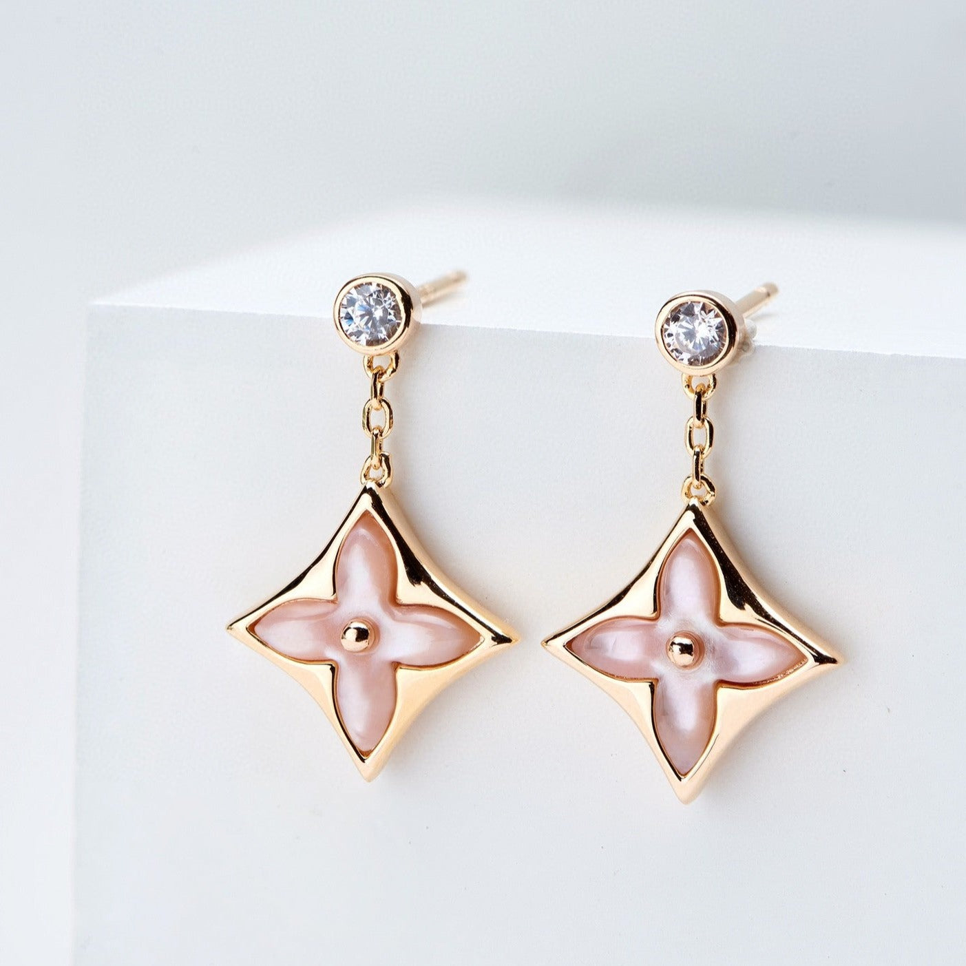 ¡®Moco¡¯DOUBLE STAR PINK GOLD MOP DROP EARRINGS