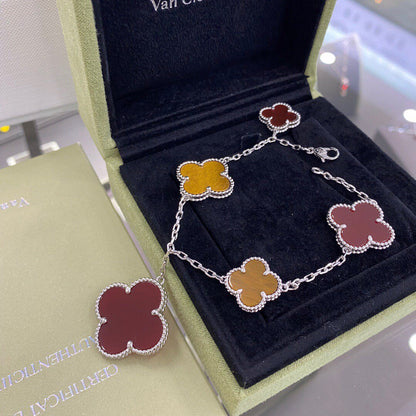 ¡®Moco¡¯CLOVER 5 MOTIFS SIVLER CARNELIAN TIGER EYE BRACELET
