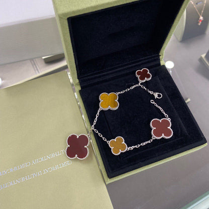 ¡®Moco¡¯CLOVER 5 MOTIFS SIVLER CARNELIAN TIGER EYE BRACELET