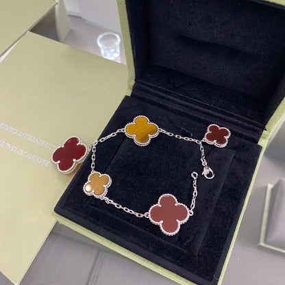 ¡®Moco¡¯CLOVER 5 MOTIFS SIVLER CARNELIAN TIGER EYE BRACELET