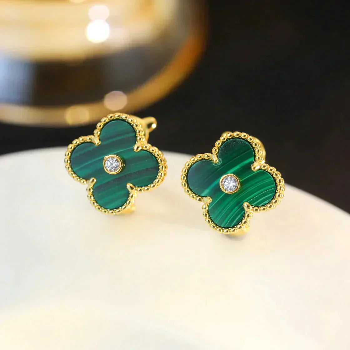 ¡®Moco¡¯CLOVER MEDIUM 1 MOTIFS MALACHITE DIAMOND EARRINGS