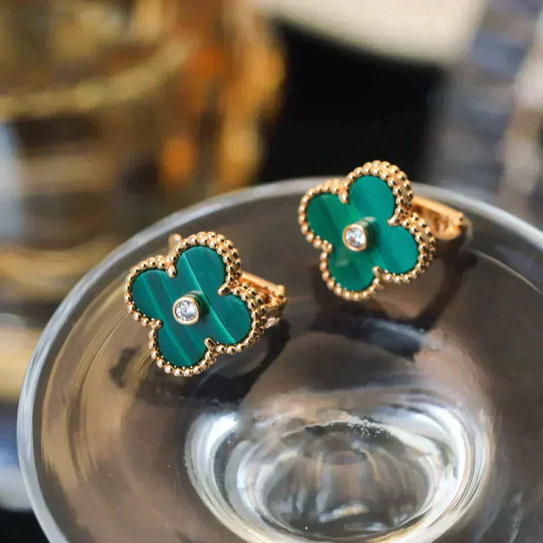 ¡®Moco¡¯CLOVER MEDIUM 1 MOTIFS MALACHITE DIAMOND EARRINGS