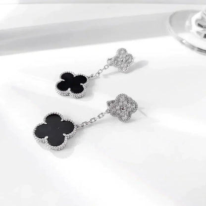 ¡®Moco¡¯CLOVER 2 MOTIFS  DIAMOND ONYX EARRINGS SILVER