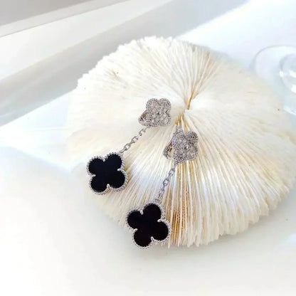 ¡®Moco¡¯CLOVER 2 MOTIFS  DIAMOND ONYX EARRINGS SILVER