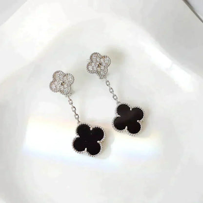 ¡®Moco¡¯CLOVER 2 MOTIFS  DIAMOND ONYX EARRINGS SILVER