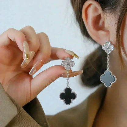 ¡®Moco¡¯CLOVER 2 MOTIFS  DIAMOND ONYX EARRINGS SILVER