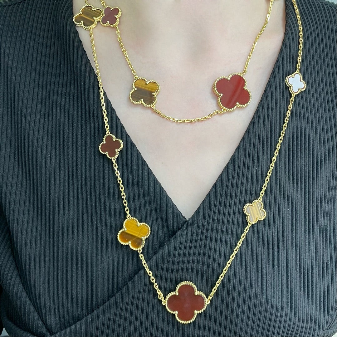 ¡®Moco¡¯CLOVER 16 MOTIF CARNELIAN TIGER EYE ROSE GOLD NECKLACE