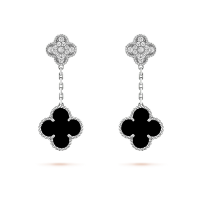¡®Moco¡¯CLOVER 2 MOTIFS  DIAMOND ONYX EARRINGS SILVER