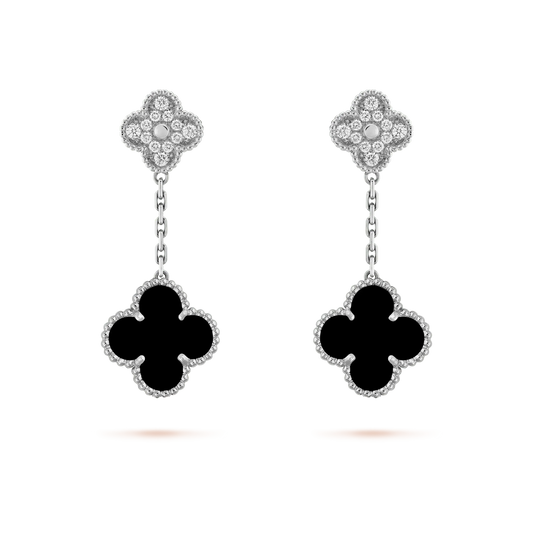 ¡®Moco¡¯CLOVER 2 MOTIFS  DIAMOND ONYX EARRINGS SILVER