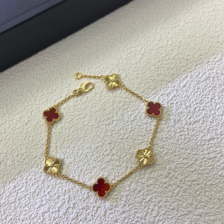 [¡®Moco¡¯]CLOVER 6 MOTIF RED AGATE LASER BRACELET