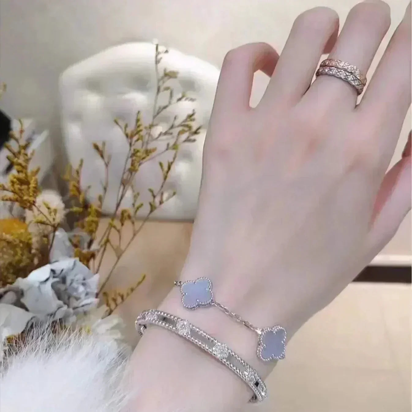 [Moco]New  CLOVER 5 MOTIF PURPLE CHALCEDONY BRACELET COLLECTION