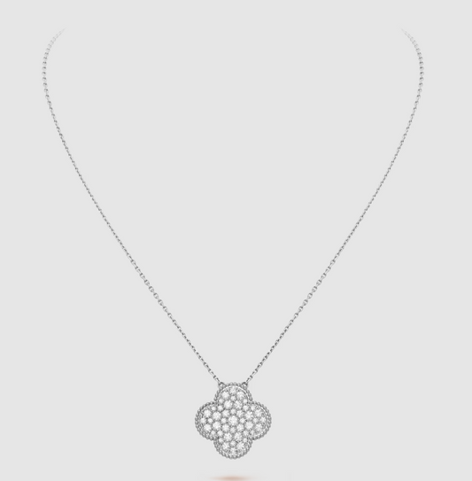 ¡®Moco¡¯CLOVER 25MM LARGE PENDANT DIAMOND PAVED SILVER NECKLACE