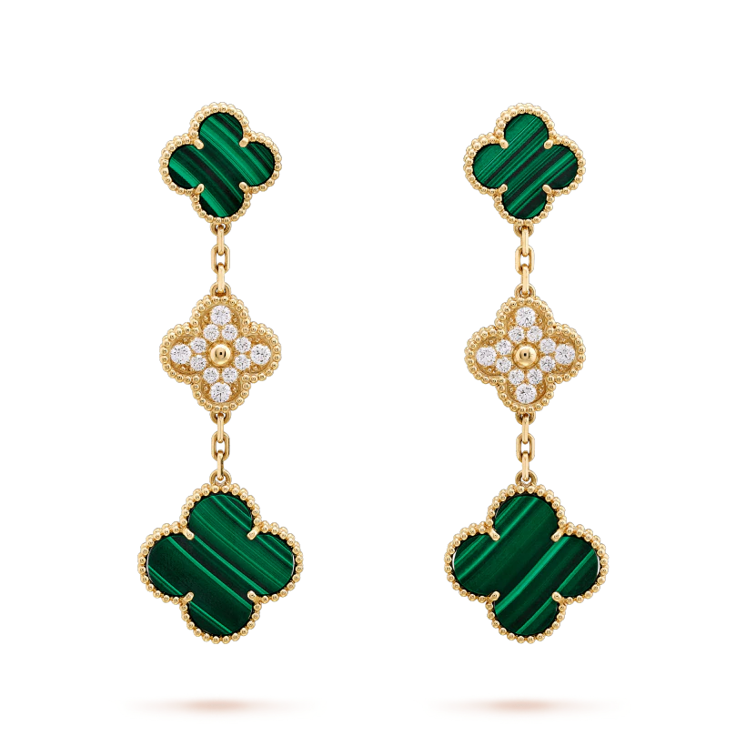 ¡®Moco¡¯CLOVER EARRINGS GOLD MALACHITE DIAMOND 3 MOTIF