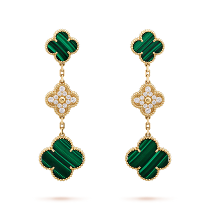 ¡®Moco¡¯CLOVER EARRINGS GOLD MALACHITE DIAMOND 3 MOTIF