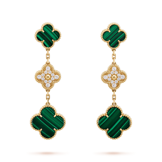¡®Moco¡¯CLOVER EARRINGS GOLD MALACHITE DIAMOND 3 MOTIF