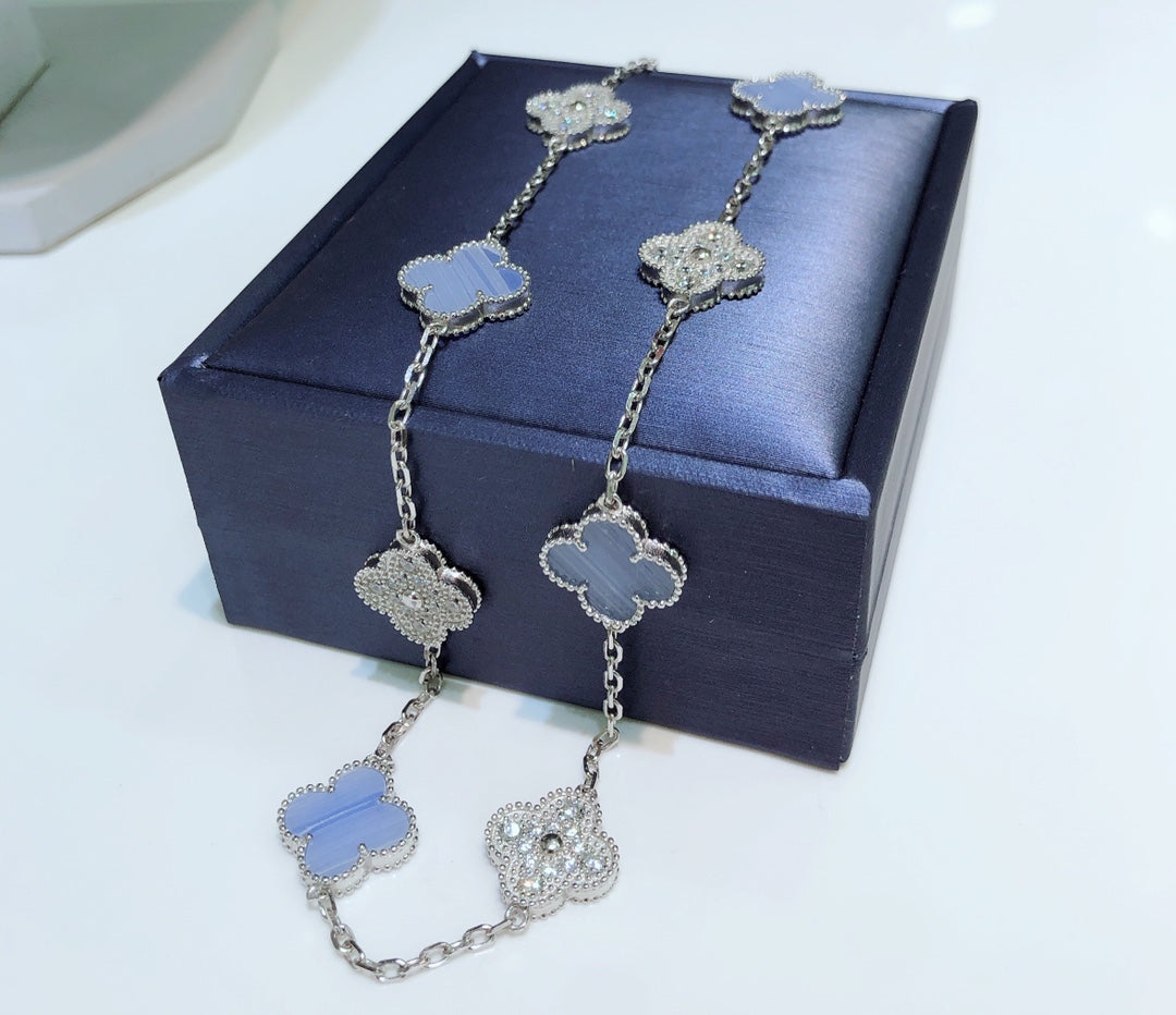 ¡®Moco¡¯CLOVER 10 MOTIFS CHALCEDONY DIAMONDS SILVER NECKLACE
