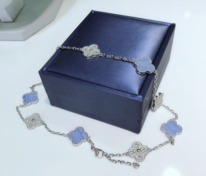 ¡®Moco¡¯CLOVER 10 MOTIFS CHALCEDONY DIAMONDS SILVER NECKLACE