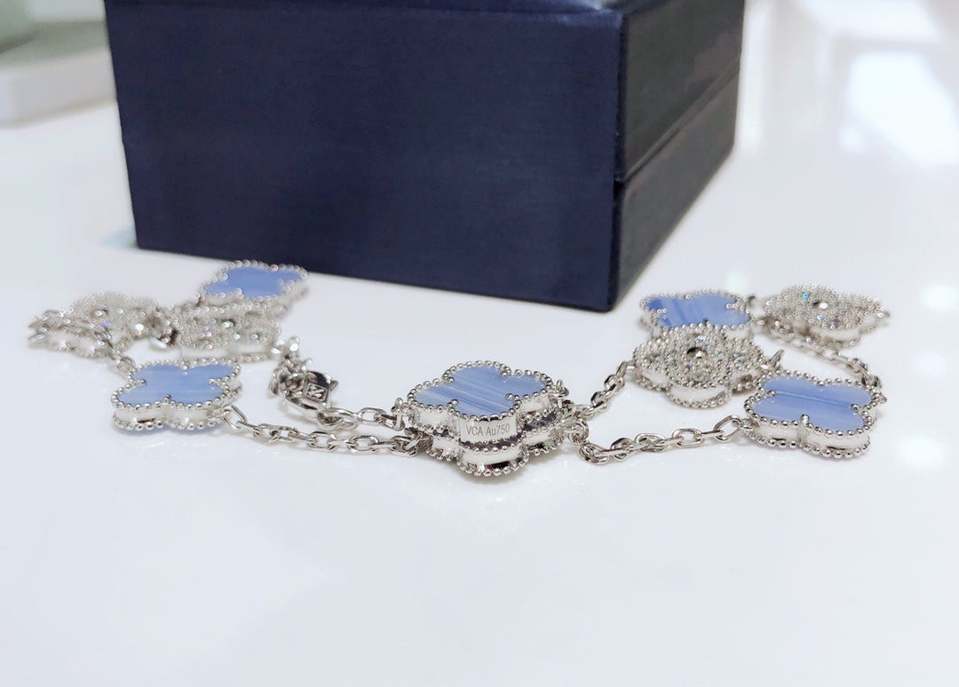 ¡®Moco¡¯CLOVER 10 MOTIFS CHALCEDONY DIAMONDS SILVER NECKLACE