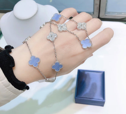 ¡®Moco¡¯CLOVER 10 MOTIFS CHALCEDONY DIAMONDS SILVER NECKLACE